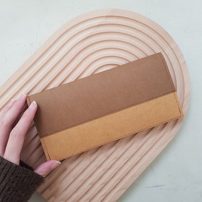 橙 x 浅咖 水洗牛皮纸夹 撞色长夹 钱包 - 皮夹/钱包 - 纸 橘色