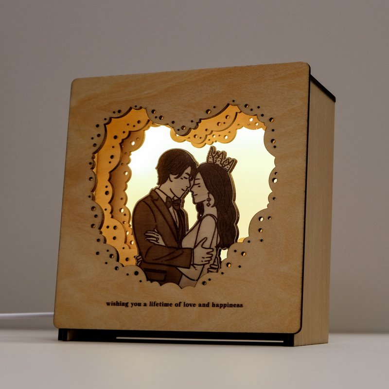 【定制化 似颜绘】盒仔小夜灯 小木灯 I 心心云款 人手制作 - 灯具/灯饰 - 木头 咖啡色