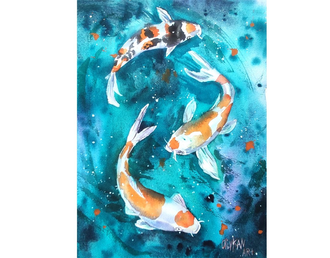 Koi Painting Watercolor Fish Original Art Fishing Wall Art - 海报/装饰画/版画 - 纸 多色