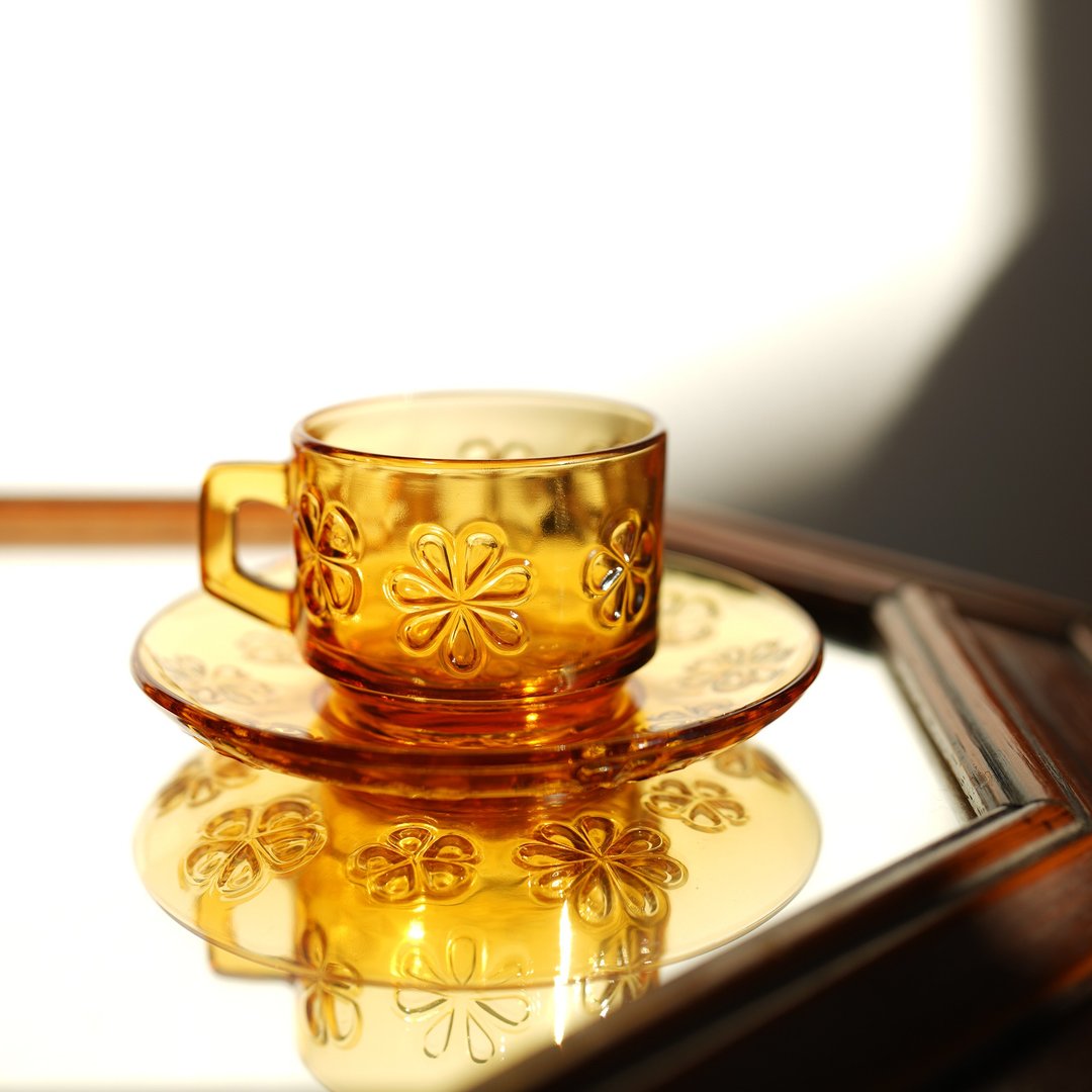 法国复古 Vereco 琥珀色 花朵图案 玻璃杯碟 / 咖啡杯 - 咖啡杯/马克杯 - 玻璃 橘色
