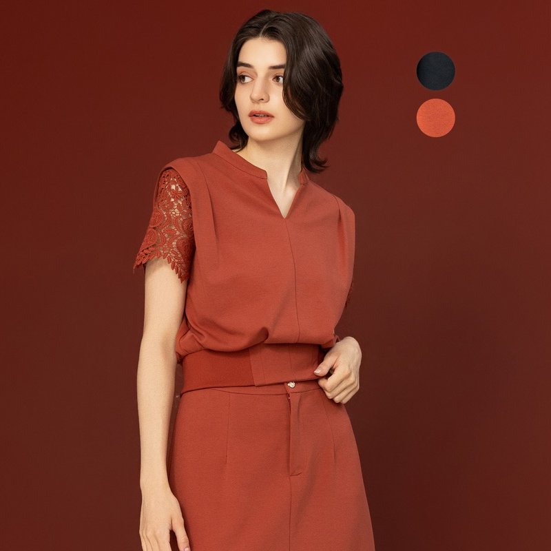 【MEDUSA】优雅蕾丝拼接开领上衣 - 2色(M-XL) | 女短袖上衣 上班 - 女装上衣 - 尼龙 红色