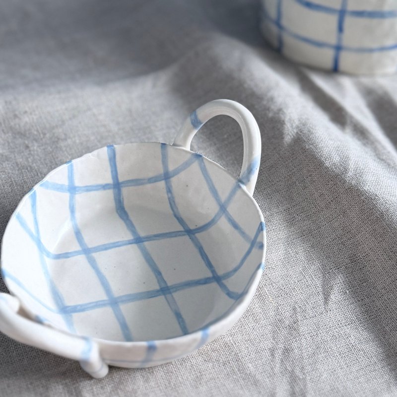 蓝格纹双耳小盘/游蓝计划 - 盘子/餐盘/盘架 - 陶 