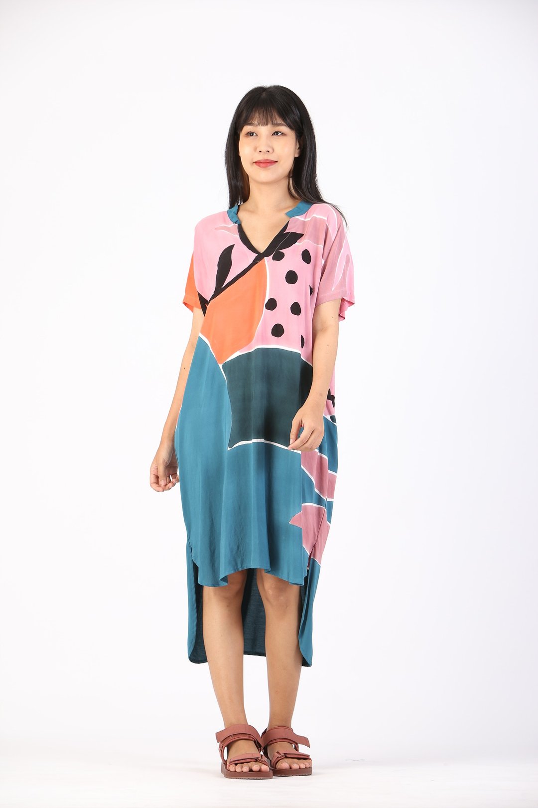 Short Dress Kaftan Cotton Rayon Hand Paint Free Size - 洋装/连衣裙 - 棉 粉红色
