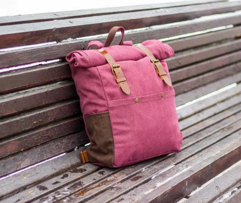 Handmade Canvas roll top backpack, Canvas leather backpack, Canvas rucksack - 后背包/双肩包 - 真皮 红色