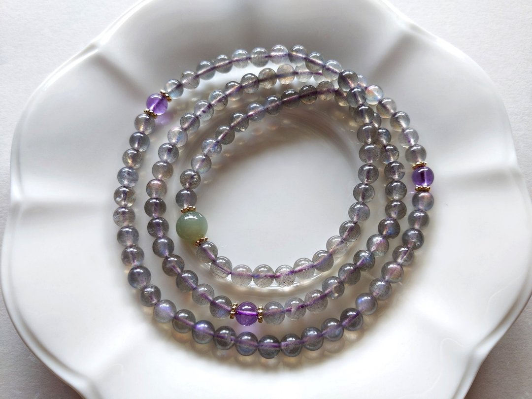 ORLI Jewelry 天然拉长石108颗念珠 紫晕拉长石108颗佛珠 细链 - 项链 - 宝石 灰色