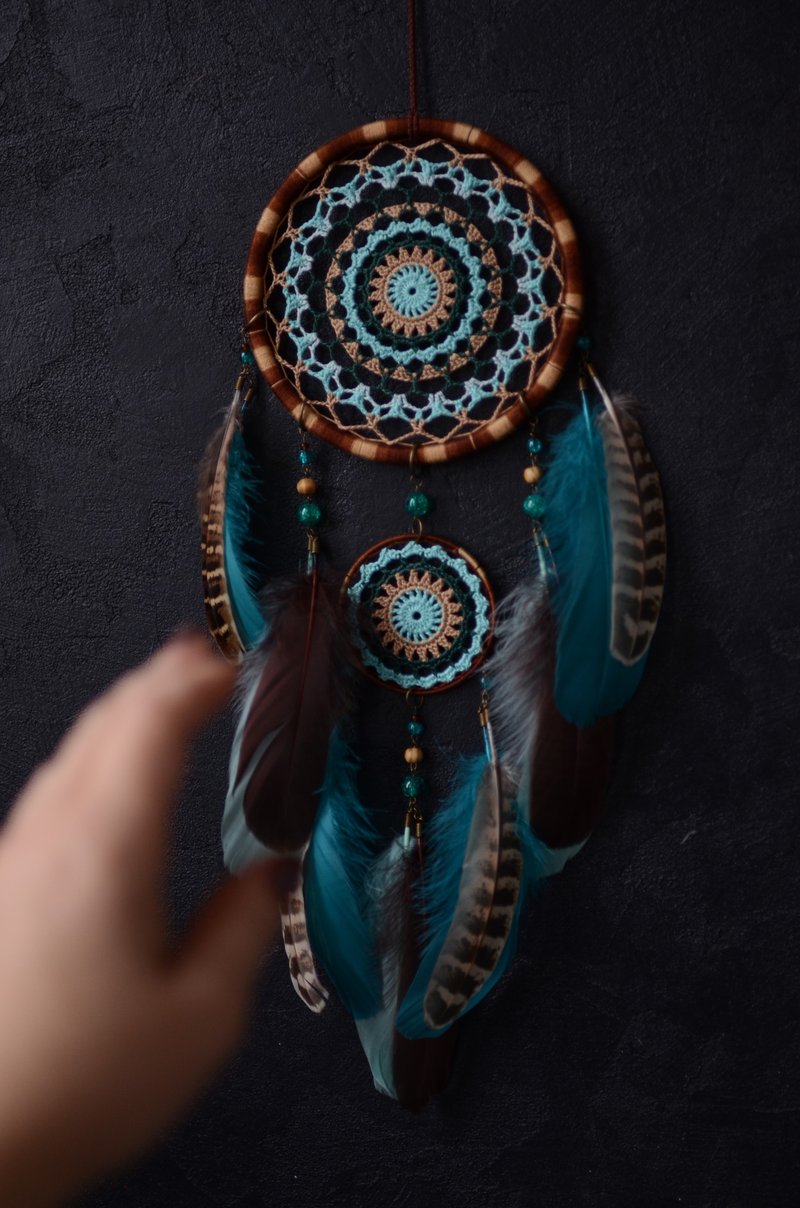 Teal brown Mandala dreamcatcher | turquoise Dream catcher wall hanging นักล่าฝัน - 墙贴/壁贴 - 绣线 咖啡色