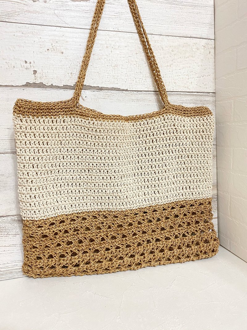 藤编x纯棉拼接镂空透花肩背包/书袋 - 侧背包/斜挎包 - 棉．麻 卡其色