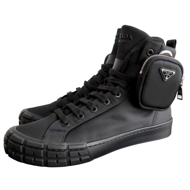 43号鞋 意大利名牌PRADA黑色尼龙中筒靴 附两个可拆除拉链小臂袋 - 男款靴子 - 真皮 黑色
