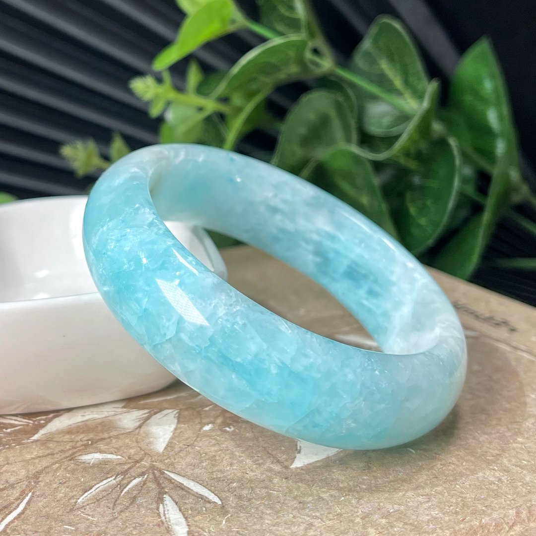 稀有异极矿手镯56MM 玉化闪片星光满圈冰裂纹珍藏石手环 冰润独特 - 手链/手环 - 宝石 