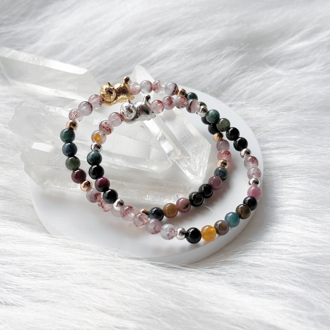猫系女孩的幸运公式 彩碧玺 金草莓 猫咪手链 天然石手串 饰品 - 手链/手环 - 半宝石 多色