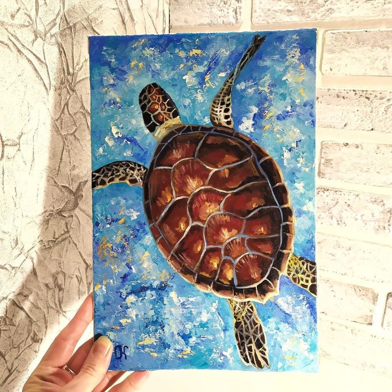 Turtle Painting Sea creatures Hanging Pictures Sea Original Oil Painting 烏龜油畫 - 墙贴/壁贴 - 其他材质 多色
