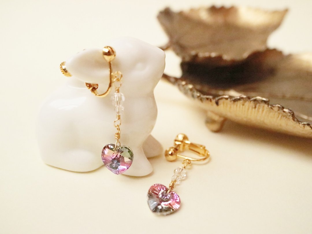 Twilight Dream Clip-On Heart Austria Crystal Glass Fine Vitrale Light Purple Purple Pink Illusion Dream Rainbow Pastel Color - 耳环/耳夹 - 玻璃 多色