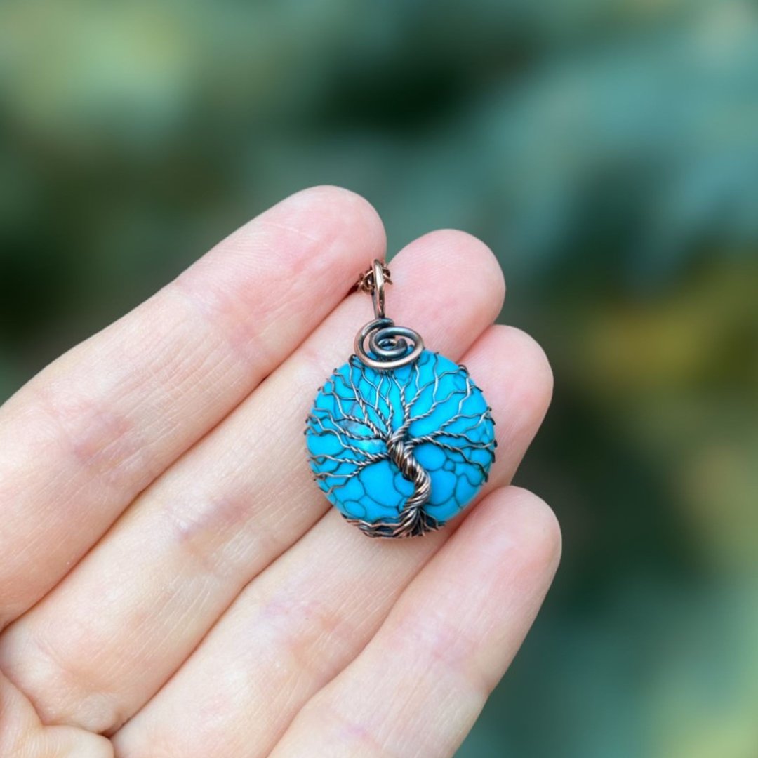 绿松石 Howlite 生命之树吊坠项链，送给她的生日礼物，护身符 - 项链 - 其他金属 蓝色