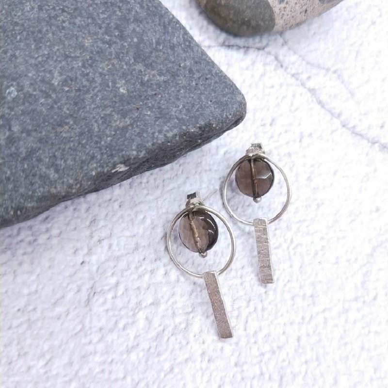 【独一商品】天然茶晶925纯银耳针耳环 - 耳环/耳夹 - 其他金属 咖啡色