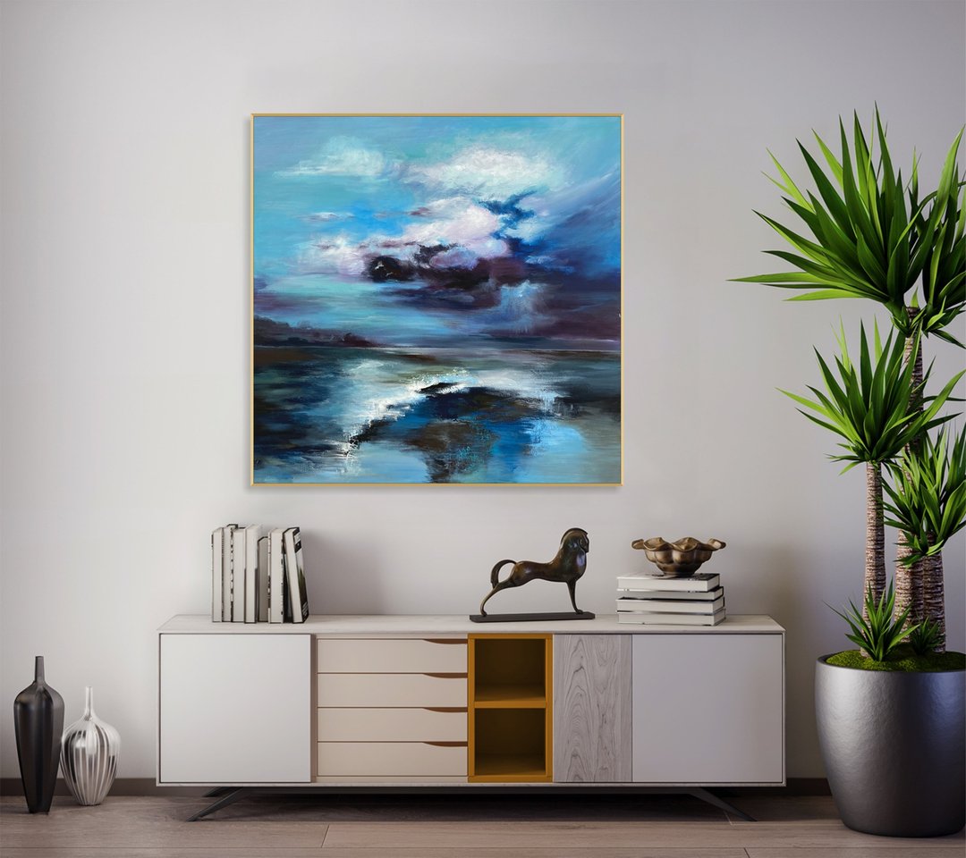 画布上的抽象蓝色海景画 暴风雨天空 油画作品 - 墙贴/壁贴 - 压克力 多色