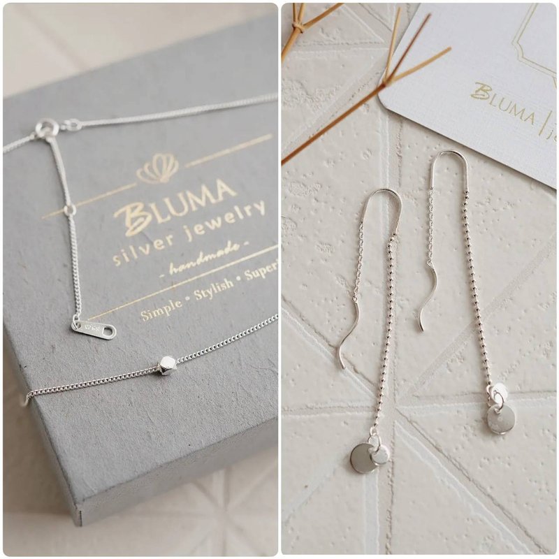 【饰品礼盒二入组】致简单的妳纯银项链耳环 垂坠耳环 母亲节礼物 - 锁骨链 - 纯银 银色