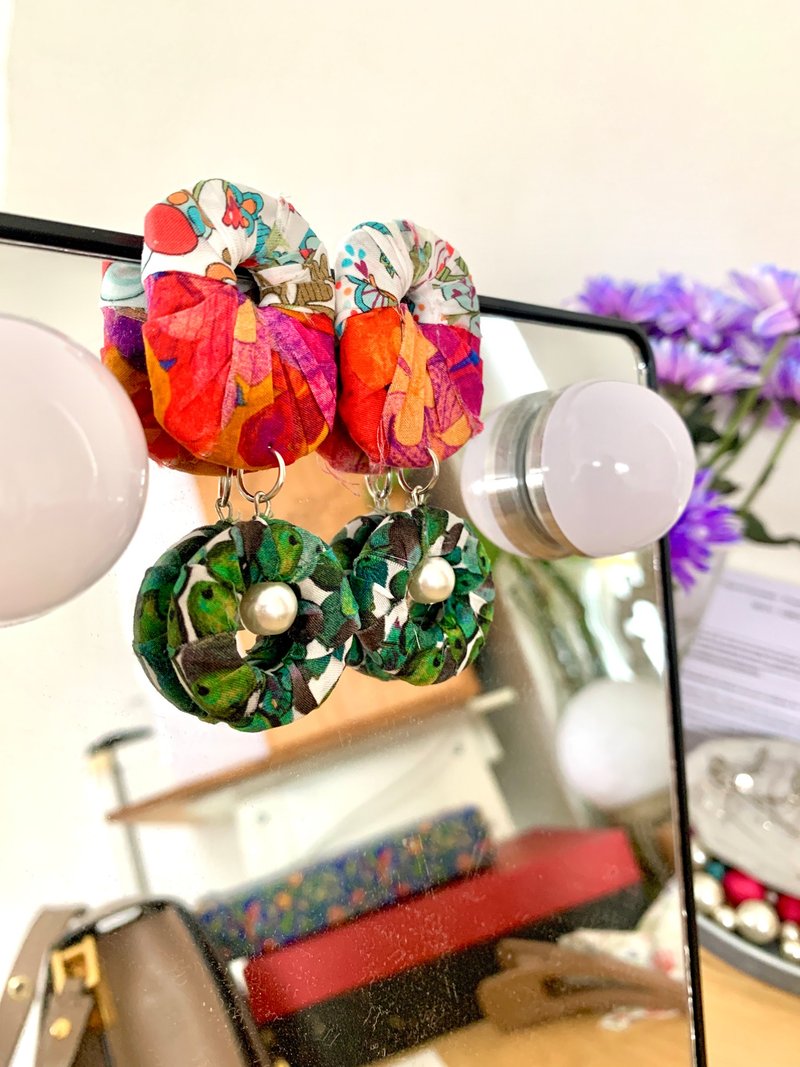 英国Liberty 印花手工耳环 - 耳环/耳夹 - 珍珠 绿色