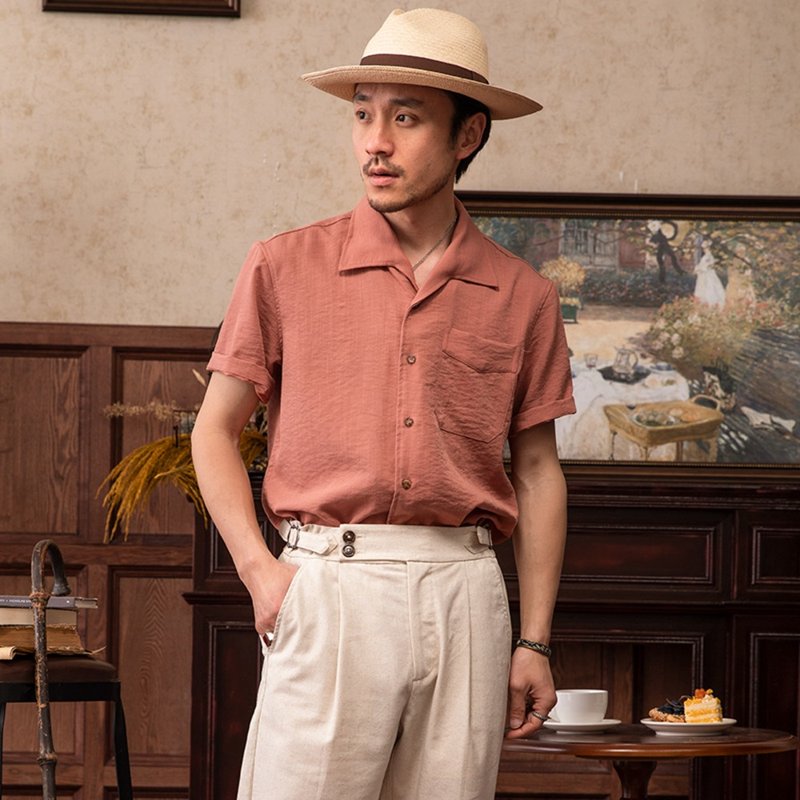 SOARIN轻薄棉质古巴领素面休闲衬衫(2321C44) - 男装衬衫 - 棉．麻 橘色