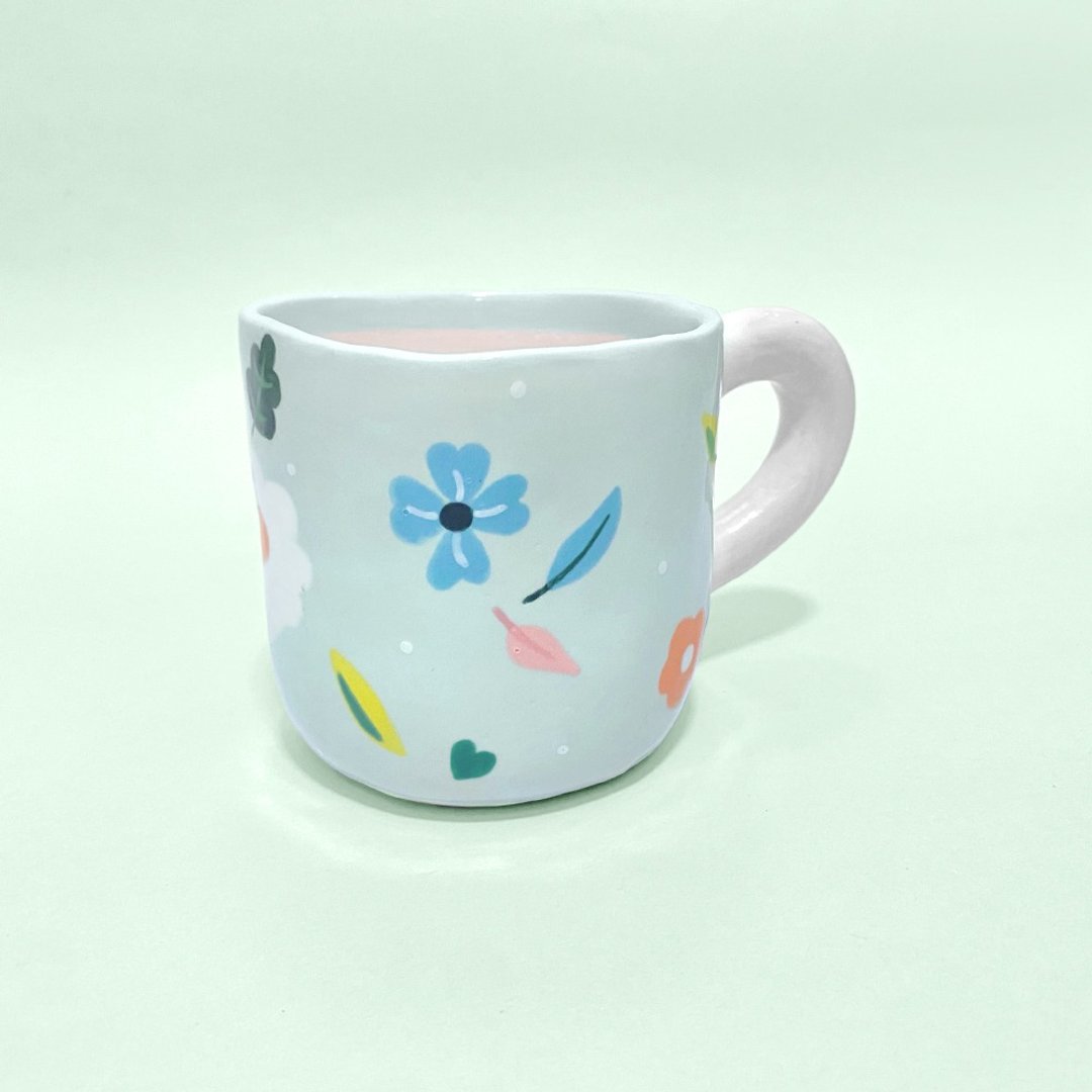 马克杯，茶杯，咖啡杯，可爱马克杯，冷绿蓝色，甜美花朵 MUG - 咖啡杯/马克杯 - 陶 绿色