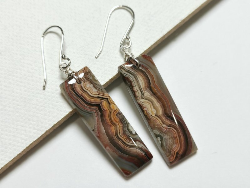 天然疯狂玛瑙/缟玛瑙纯银耳环/长型耳环/手工制作/925/999 - 耳环/耳夹 - 宝石 橘色