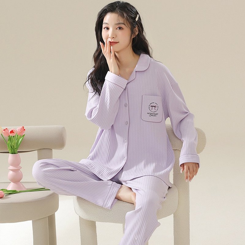Pink Lady 排扣式 香芋奶盖 印花宽版 秋冬长袖成套睡衣 居家服 - 居家服/睡衣 - 其他人造纤维 紫色