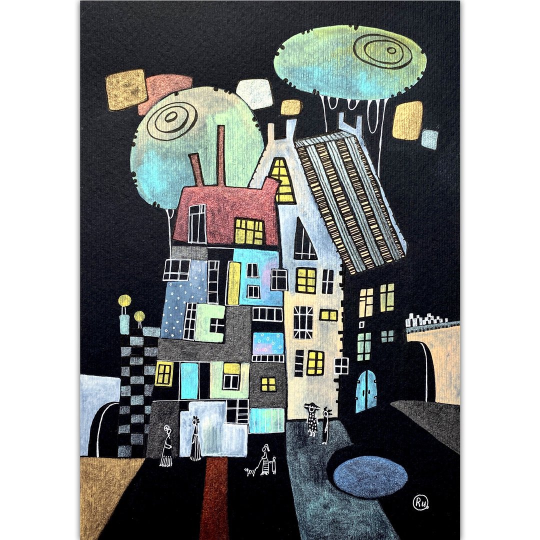 掛畫 City painting Original watercolor Black wall decor Houses artwork by Rubinova - 海报/装饰画/版画 - 纸 多色