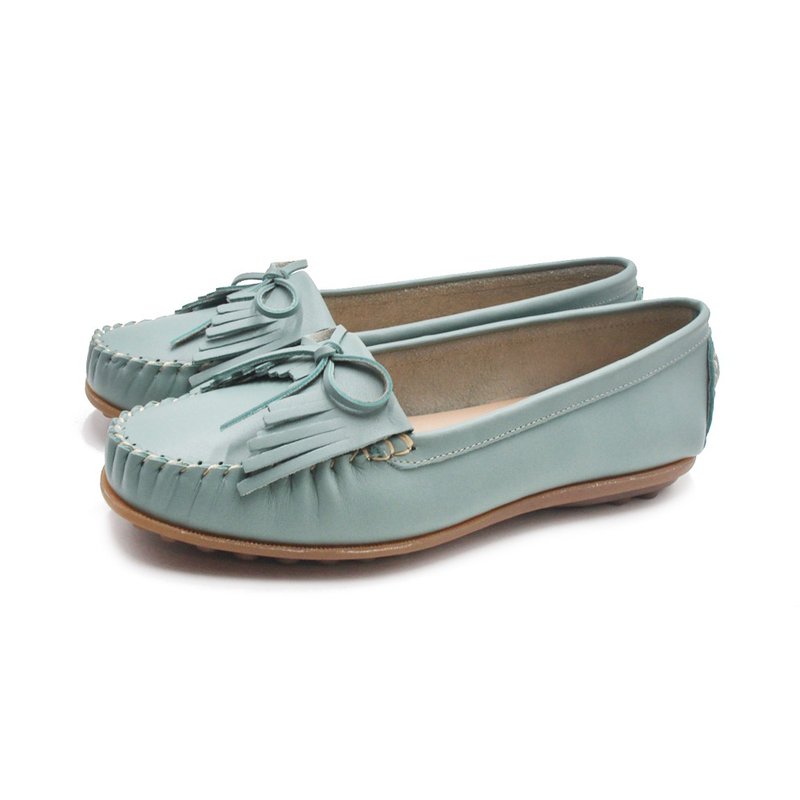 W&M 可水洗舒适柔软蝴蝶结流苏平底鞋 女鞋-蓝绿 - 芭蕾鞋/娃娃鞋 - 真皮 