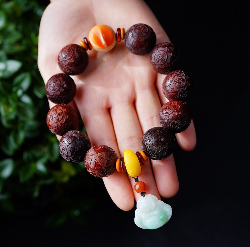 极品正宗印度小叶紫檀20mm佛珠手串 精雕福在眼前 百年老料 - 手链/手环 - 木头 