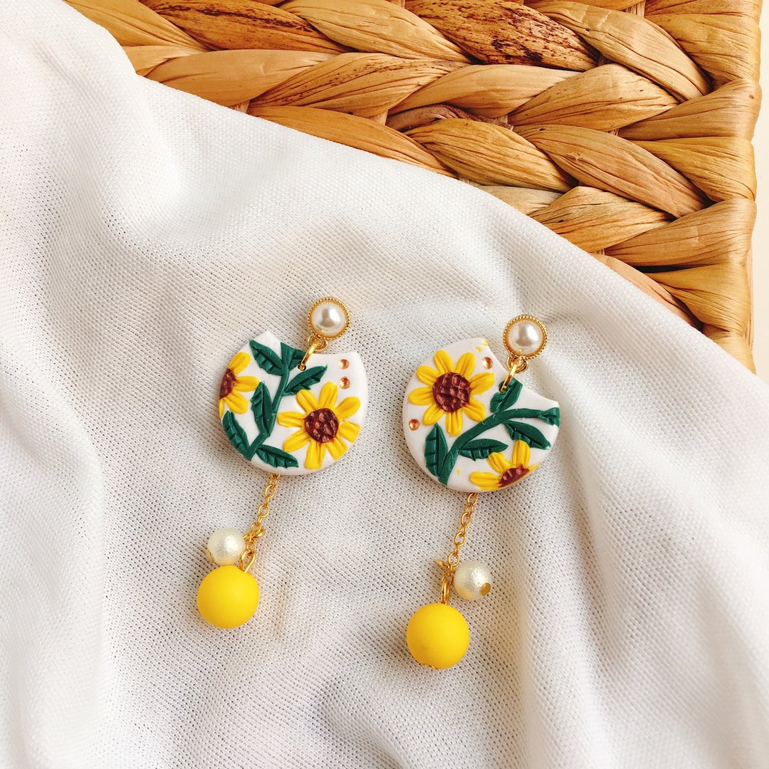 软陶耳环Clay earrings 向日葵压花小清新造型耳环 - 耳环/耳夹 - 环保材料 多色