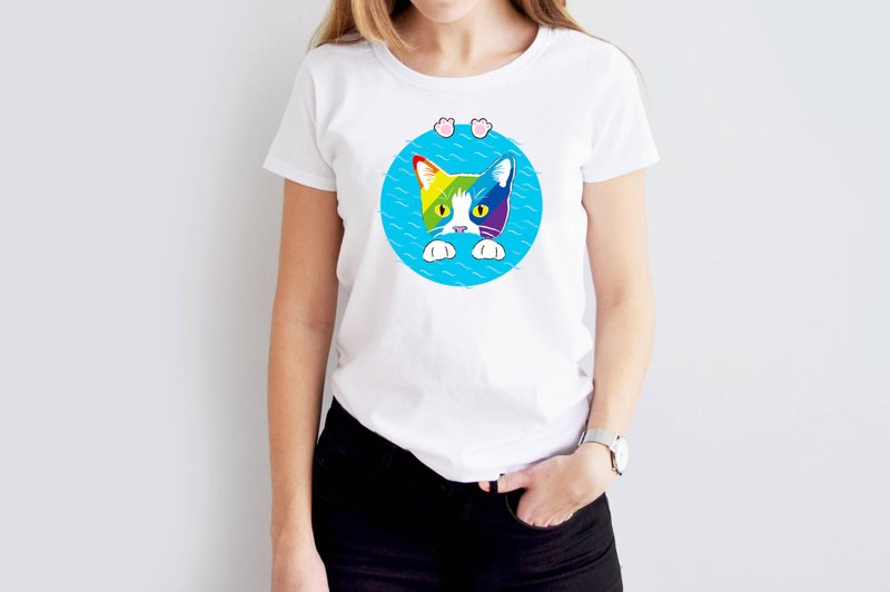 小饭团    彩虹小饼游泳   白色中性短T - 男装上衣/T 恤 - 棉．麻 白色