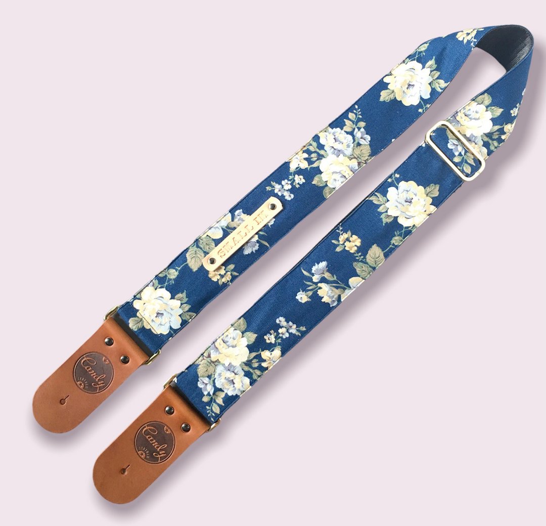 Navy Flora  Guitar Strap, Genuine Leather Guitar Strap - 其他 - 棉 蓝色