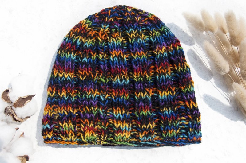 登山帽 露营帽 水兵帽 雪花帽 撞色毛线帽  圣诞礼物 手工编织纯羊毛帽/编织帽/针织毛帽/内刷毛花朵毛帽/毛线帽-彩虹 - 帽子 - 羊毛 多色