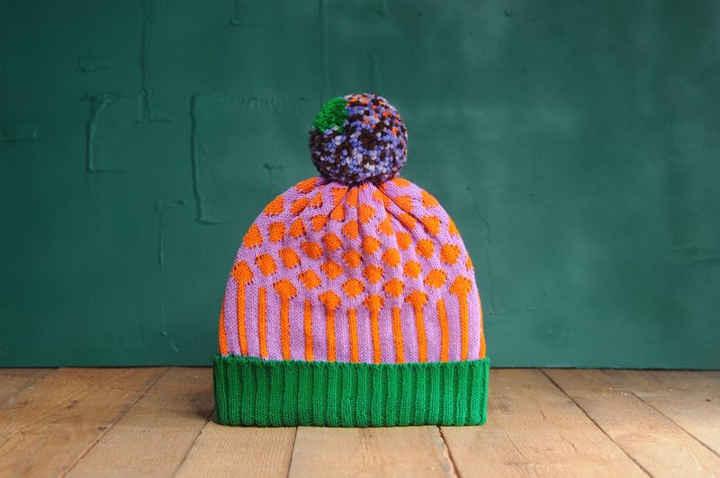 紫丁香菱形 可拆式毛球针织毛帽 - 帽子 - 压克力 紫色