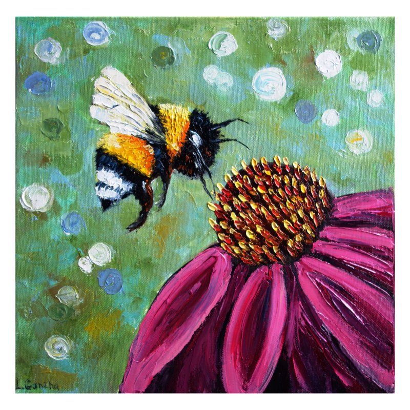 Honey Bee Painting Original Oil Artwork Insect Canvas Art Impasto - 海报/装饰画/版画 - 颜料 多色