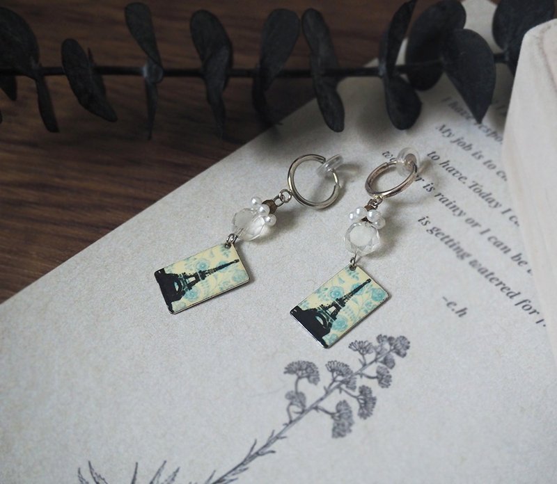 复古明信片 巴黎铁塔 夹式耳环 可改耳勾式 P26 - 耳环/耳夹 - 其他金属 蓝色