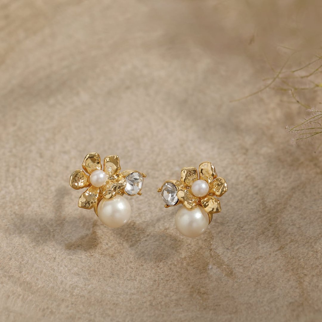 floral bijoux GD ─ 小花与珍珠水晶柱式耳环 金色 - 耳环/耳夹 - 其他金属 金色