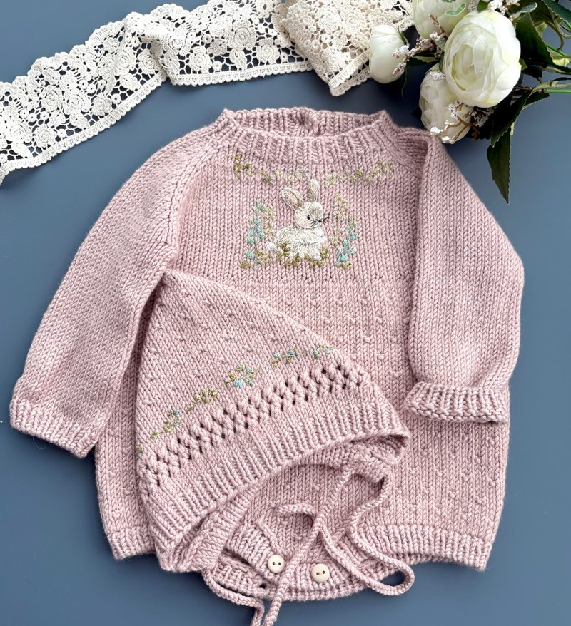 手工编织美利奴羊毛女宝宝套装 - 满月礼盒 - 羊毛 粉红色
