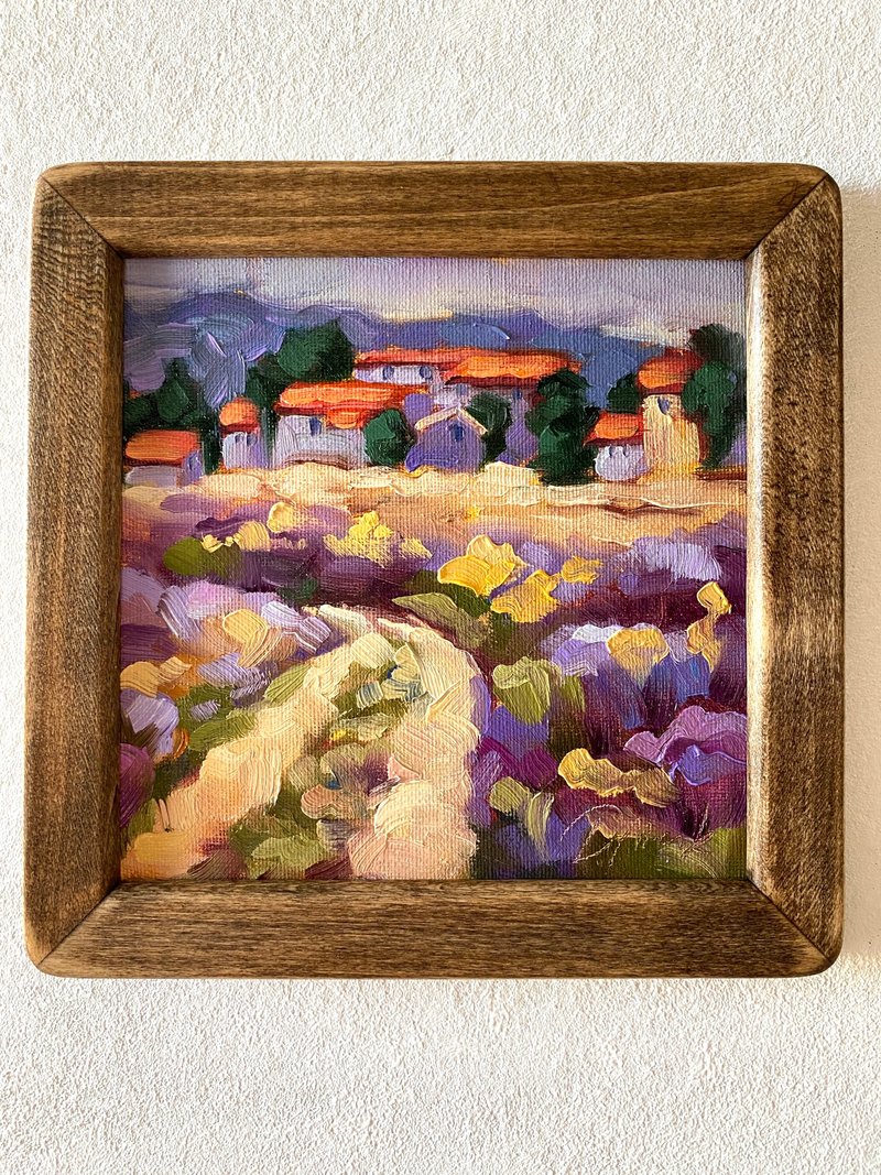 薰衣草田绘画托斯卡纳原创艺术风景油画厚涂小幅艺术品 8x8 托斯 - 墙贴/壁贴 - 木头 