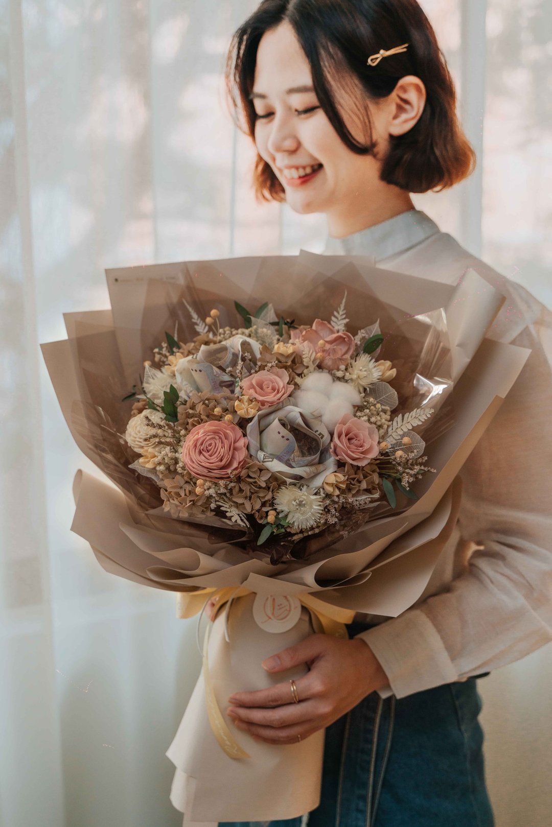 钞票花束 红包 母亲节花束 可订制 永生花 永生玫瑰花 求婚花束 - 干燥花/捧花 - 植物．花 咖啡色