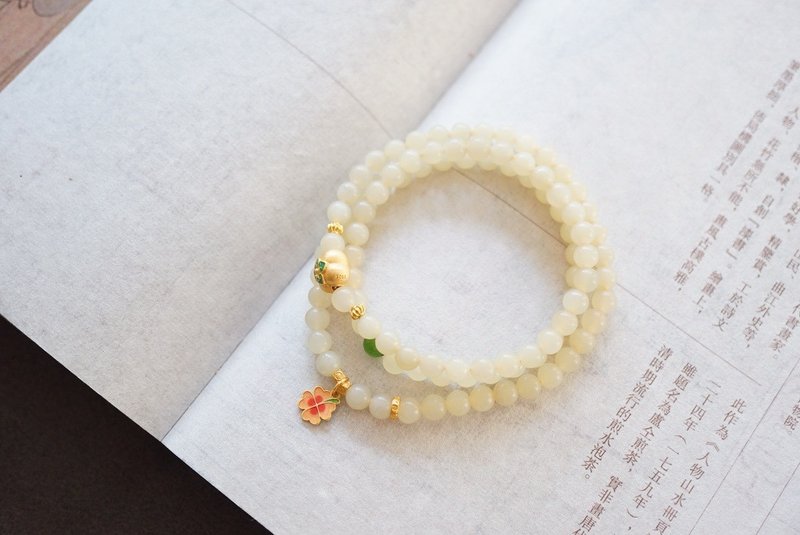 5mm天然和田玉/和阗玉 原矿蜂蜜水 碧玉纯银配件设计多圈手串项链 - 手链/手环 - 玉石 卡其色