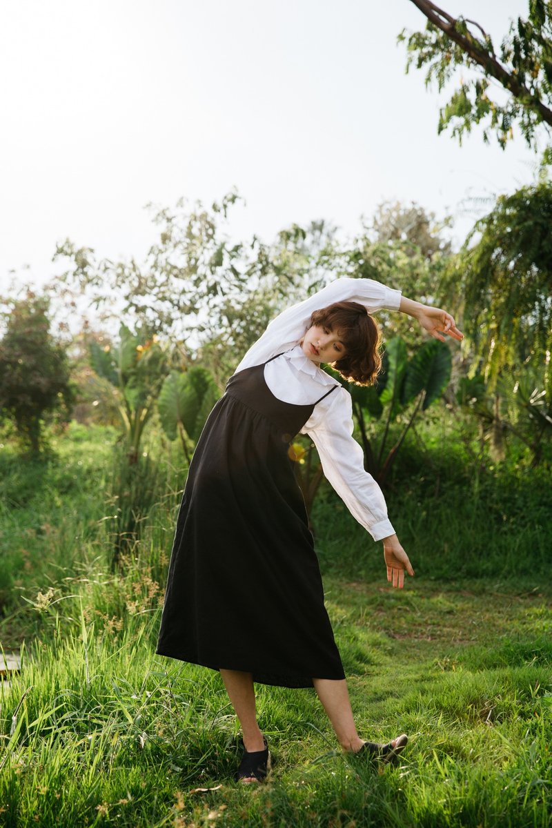 亚麻细吊带背心裙-黑色 - 背带裤/连体裤 - 棉．麻 黑色