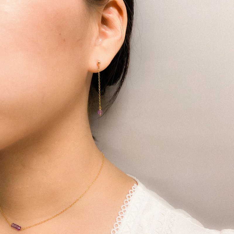 3色入 | 切面紫水晶配链条耳环 - 耳环/耳夹 - 水晶 紫色