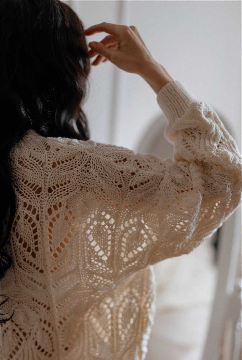 手工蕾丝针织毛衣，适合女性，纯棉夏季毛衣，奶白色，M 尺寸 - 女装针织衫/毛衣 - 棉．麻 