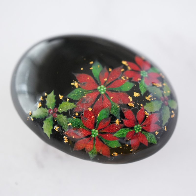 腰带装饰扣 天然黑玛瑙与圣诞红金箔腰带装饰扣 马尾夹 胸针 可兼作胸针的腰带装饰扣 24k 和服 日式小物 腰带饰品 浴衣 振袖 日本 - 胸针 - 宝石 黑色