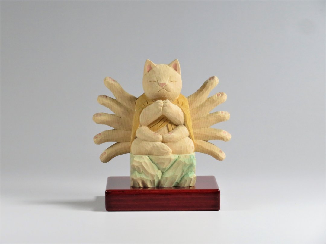 Wood carving Cat Buddha 2201 - 玩偶/公仔 - 木头 橘色