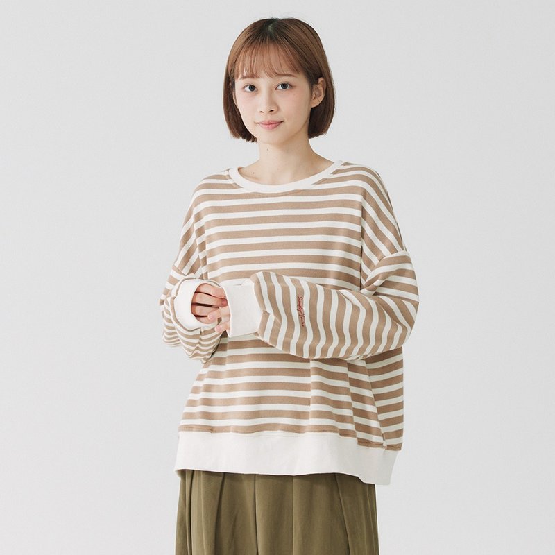 【Simply Yours】条纹滚边针织上衣 咖啡F - 女装上衣 - 棉．麻 咖啡色