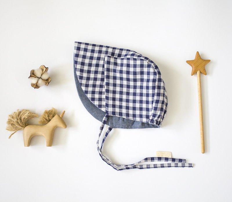 海军蓝格  有机棉双面手作Lady帽 - 婴儿帽/发带 - 棉．麻 蓝色