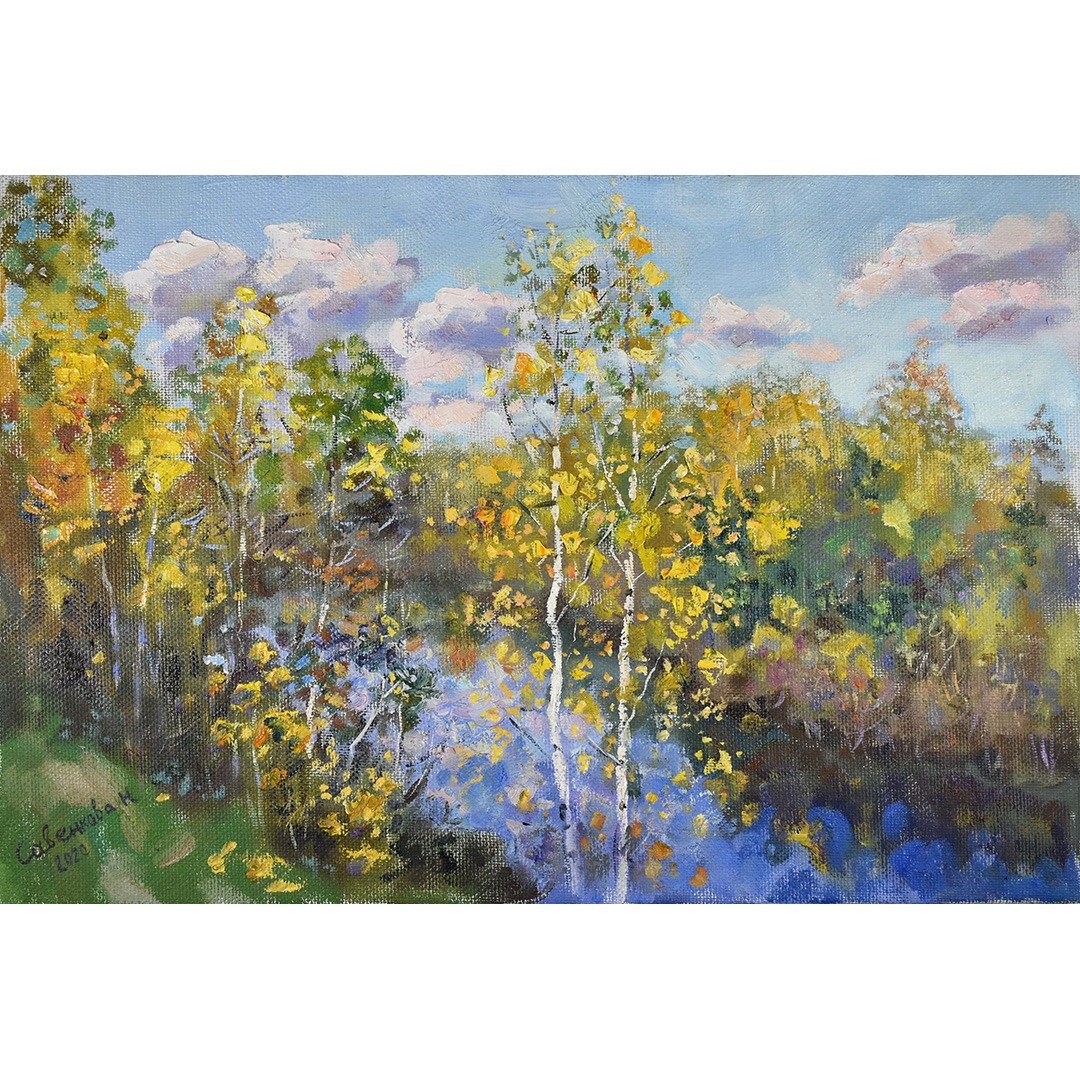 Autumn Painting Lake Landscape Birch Tree 油畫原作 Original Art Nature Plein Air - 海报/装饰画/版画 - 其他材质 多色