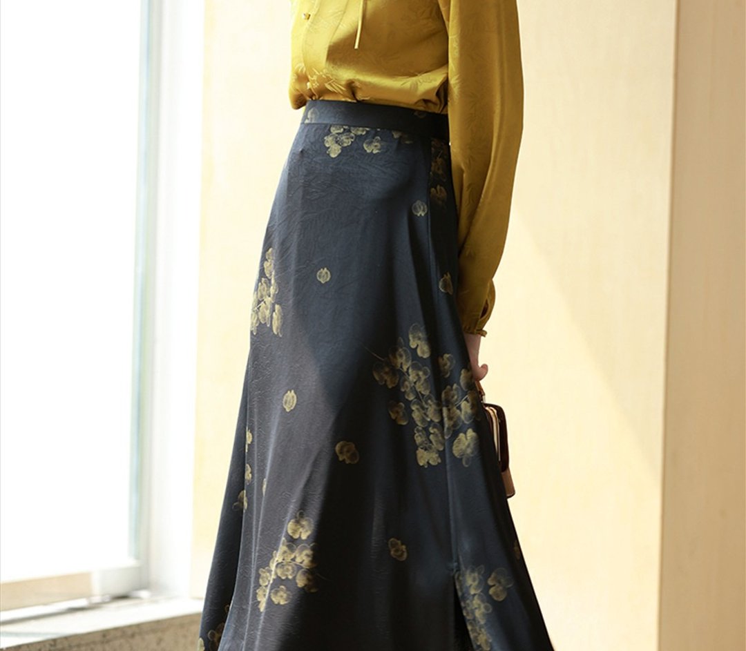 新中式中国风 印花A摆灵动飘逸仿醋酸長裙 - 裙子 - 其他材质 黑色