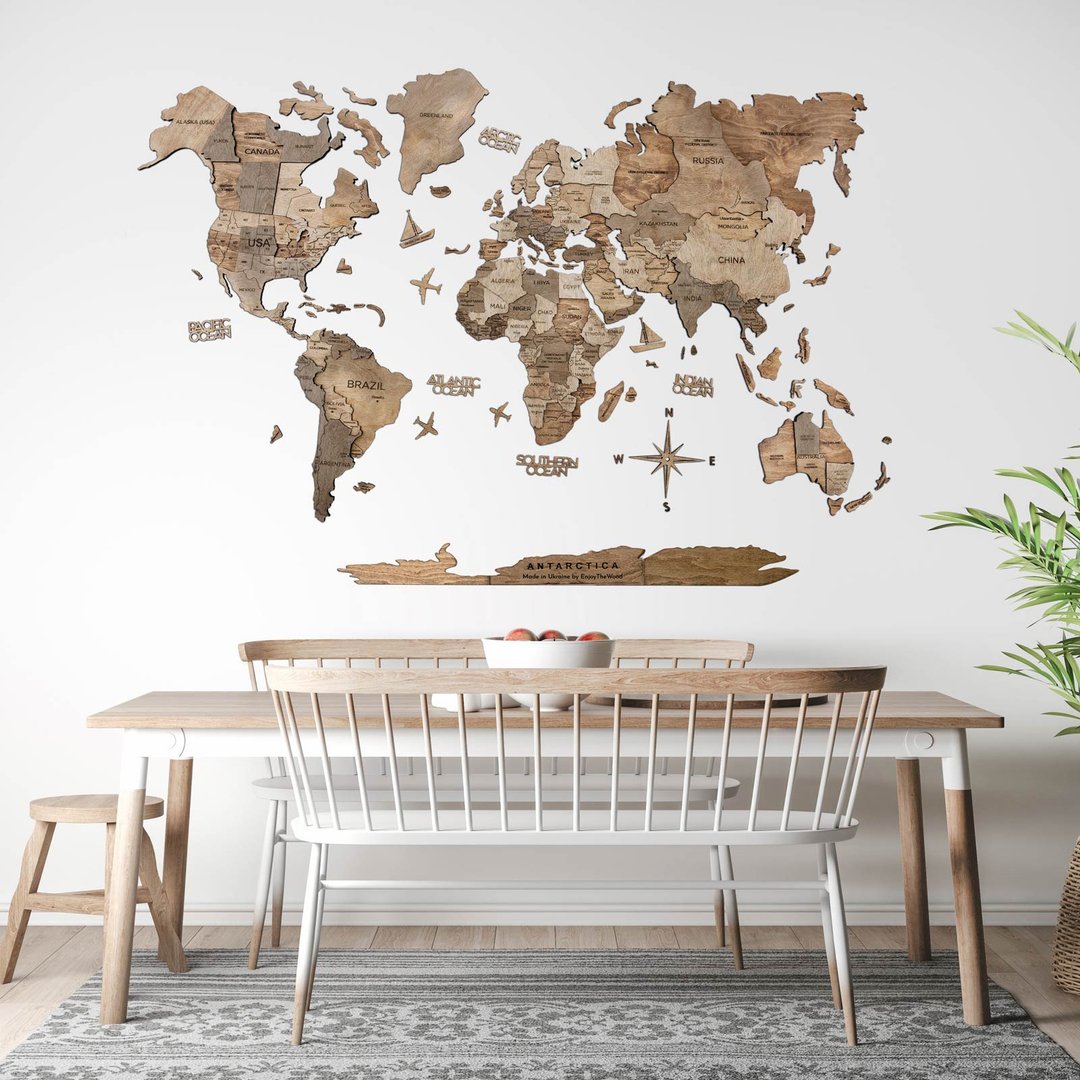 Wood World Map, Bedroom Wall Decor, Wall Hanging, 3D Wood Wall Art, Travel Map - 墙贴/壁贴 - 木头 咖啡色